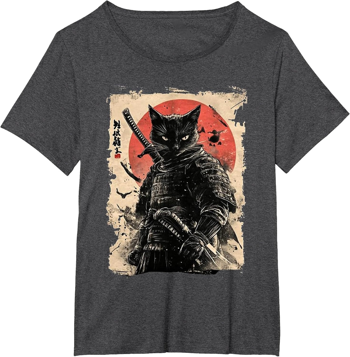 Vintage Japanese Art Anime Graphic Samurai cat Warrior T-Shirt - Dark Heather Grey
