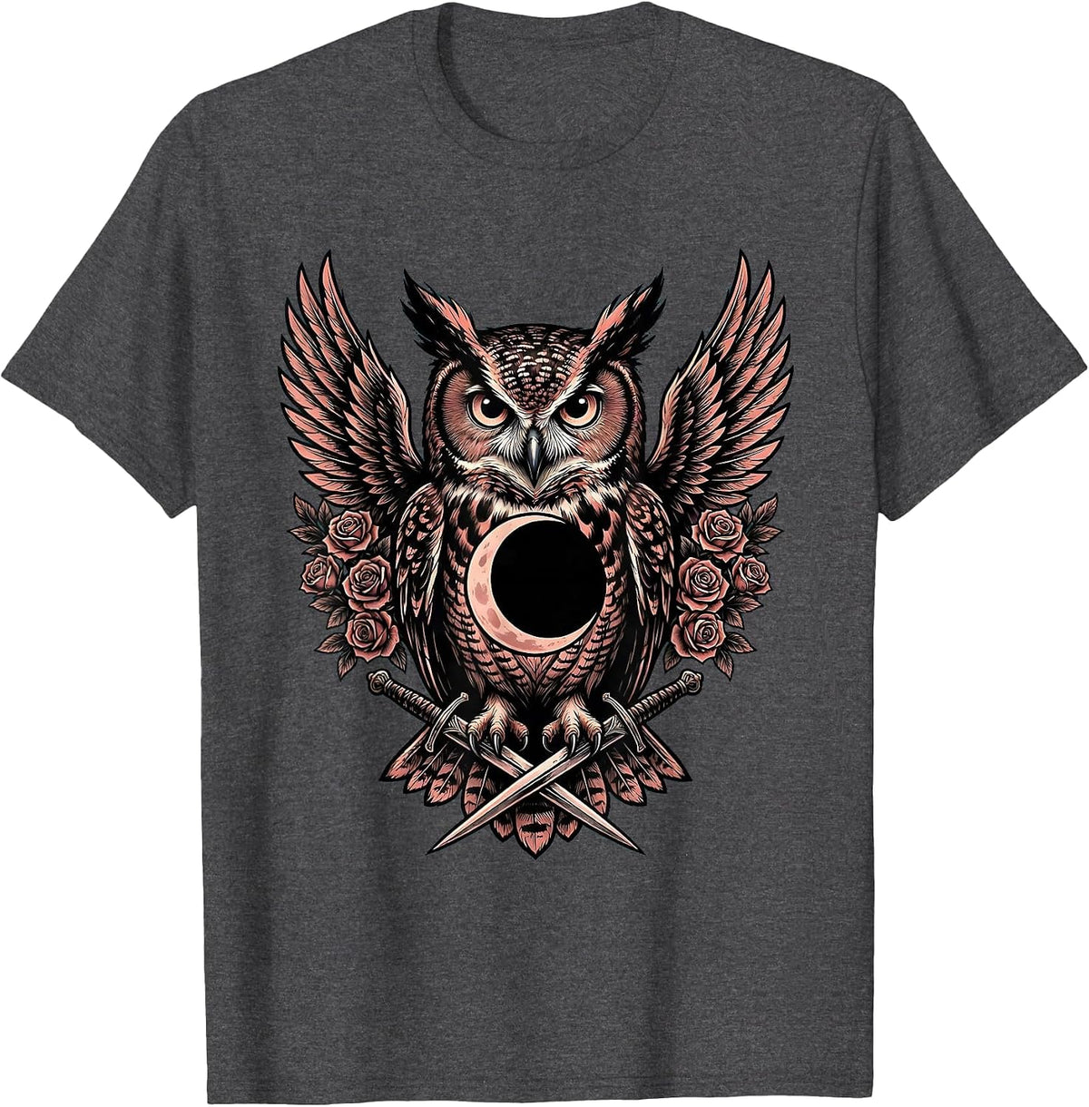 Men's Halloween Owl Crescent Moon Illustration T-Shirt - Dark Heather Grey
