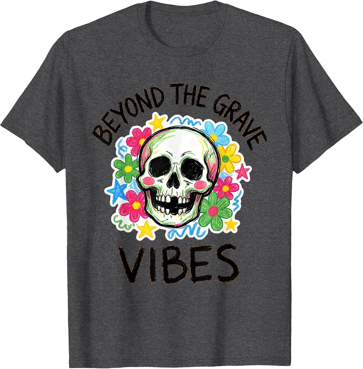 Beyond the Grave Vibes Skull Graphic Design T-Shirt - Dark Heather Grey