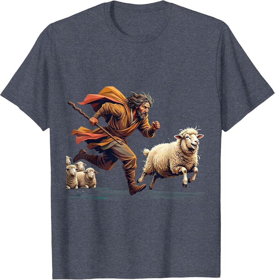 Funny Christian Shepherd Chasing Stubborn Sheep T-Shirt - Heather Blue