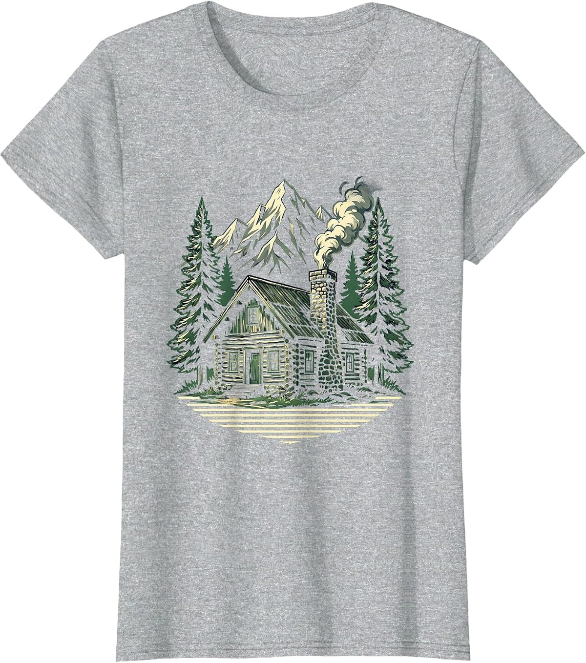Mountain Cabin Smoke Chimney Wilderness Illustration T-Shirt - Heather Grey