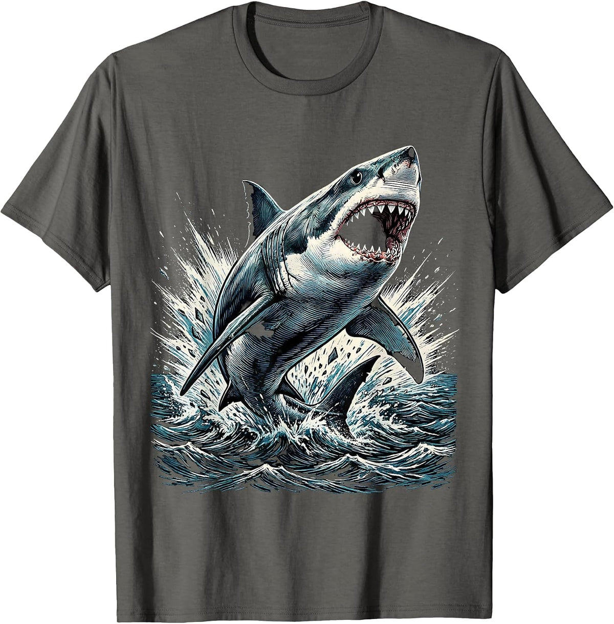 Men's Boys Shark Bursting Through Ocean Surface T-Shirt - Asphalt Grey