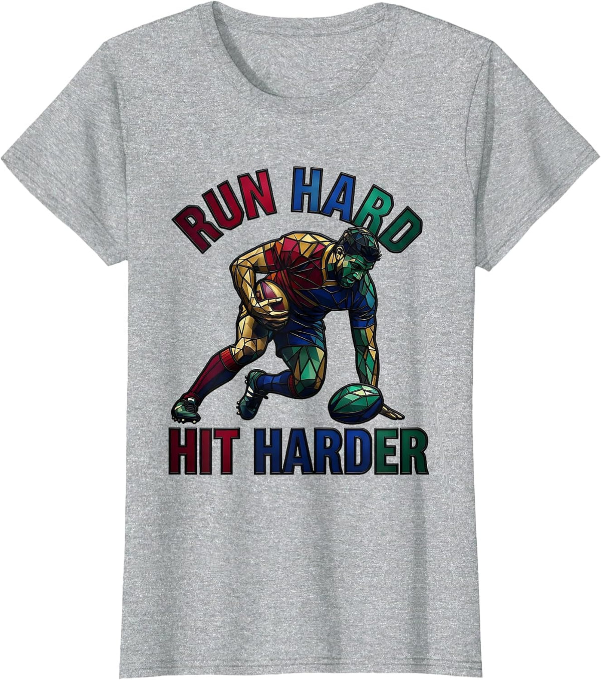 Run Hard Hit Harder Rugby Graphic Design T-Shirt - Heather Grey