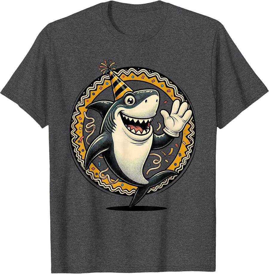 Men's Birthday Shark Party Hat Ocean Celebration T-Shirt - Dark Heather Grey
