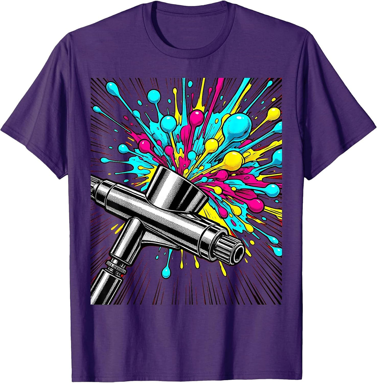 Airbrush Nozzle Close-Up Color Droplets Graphic T-Shirt - Purple