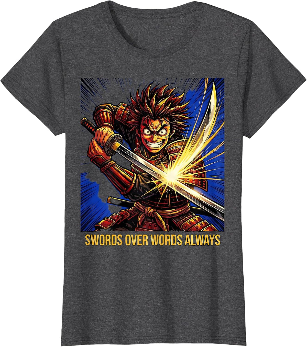 Women's Swords Over Words Always Anime Warrior Design T-Shirt - Dark Heather Grey