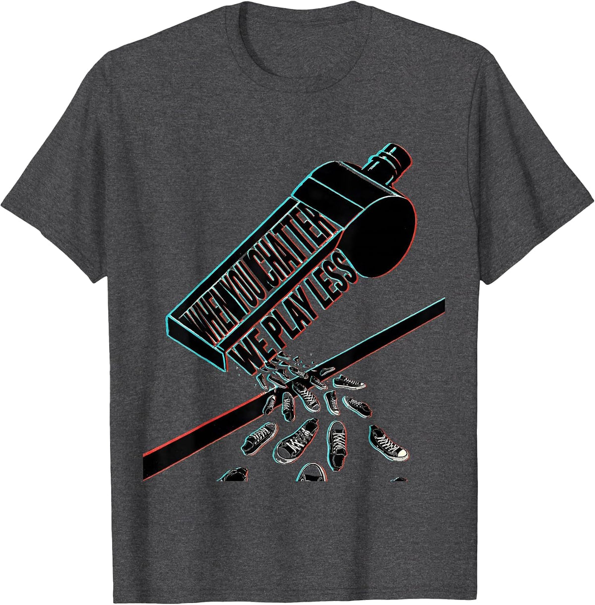Men's When You Chatter We Play Less Funny PE Teacher Back T-Shirt - Dark Heather Grey