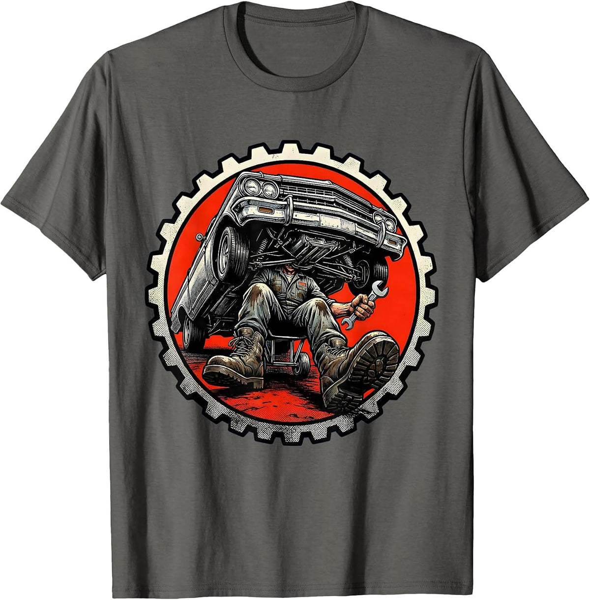 Mechanic Rolling Under Lowrider Graphic T-Shirt - Asphalt Grey