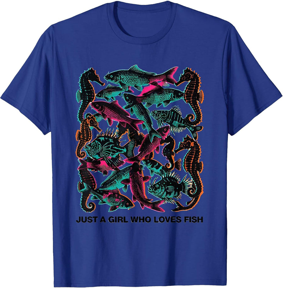 Just A Girl Who Loves Fish Risograph Animal Lover Humor T-Shirt - Royal Blue
