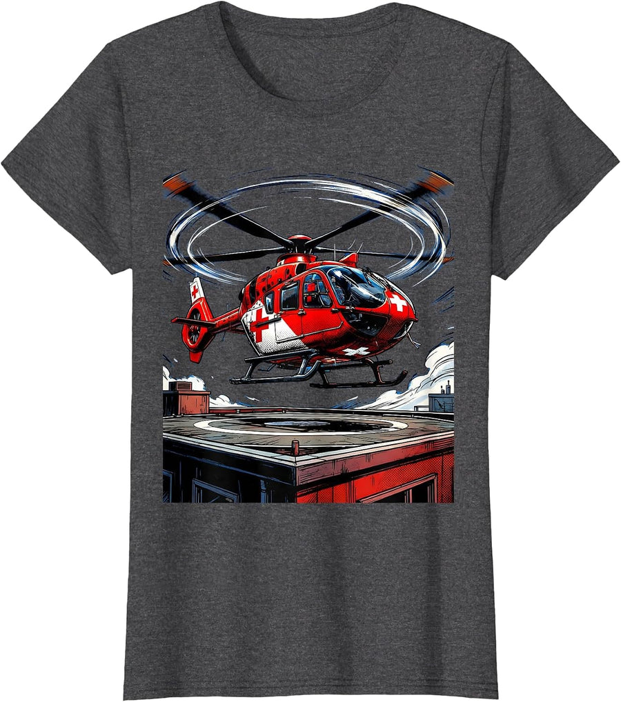 Women's Paramedic Helicopter Rooftop Landing Graphic T-Shirt - Dark Heather Grey