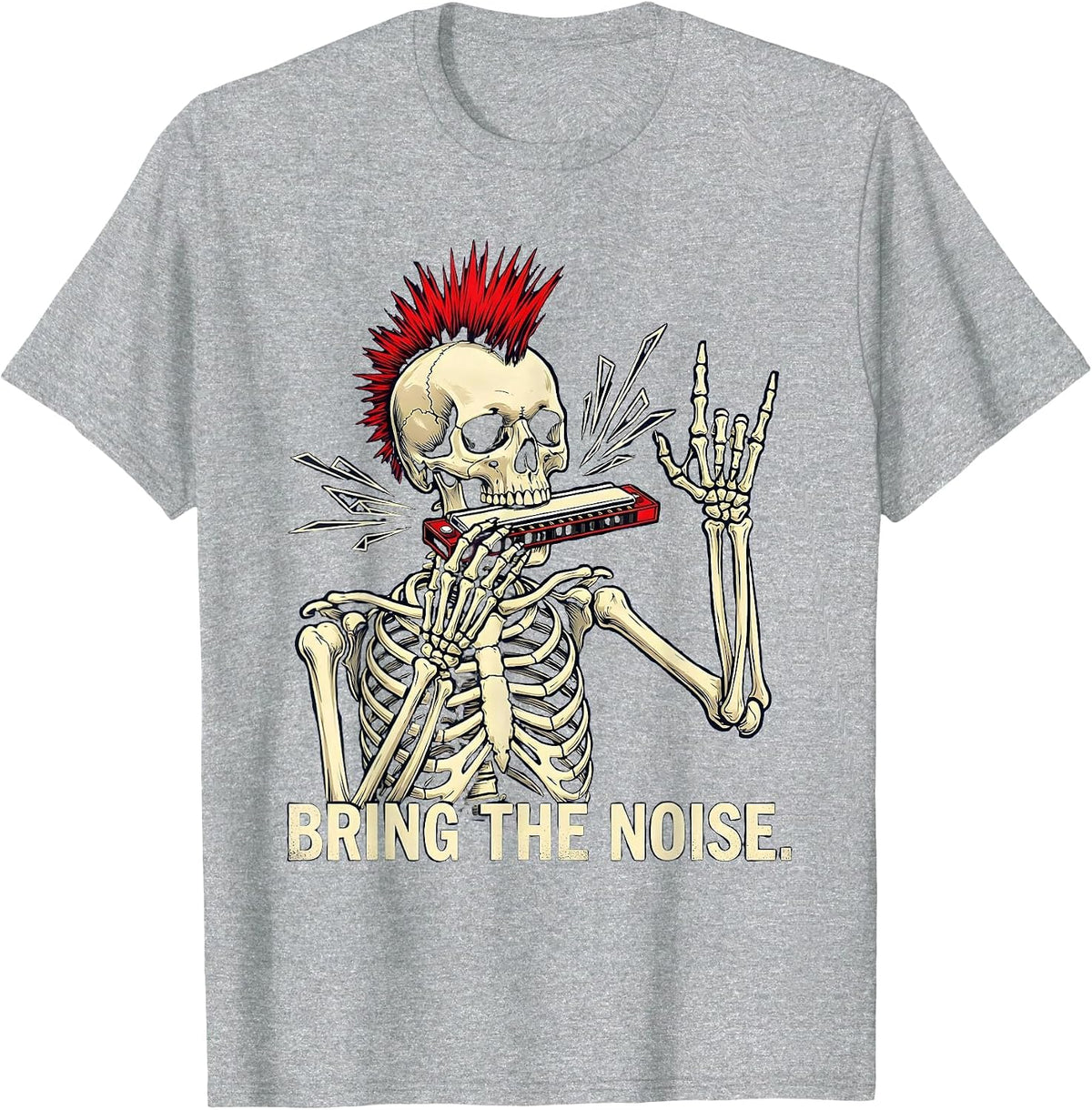 Men's Bring The Noise Punk Rock Skeleton Skull Halloween Music T-Shirt - Heather Grey