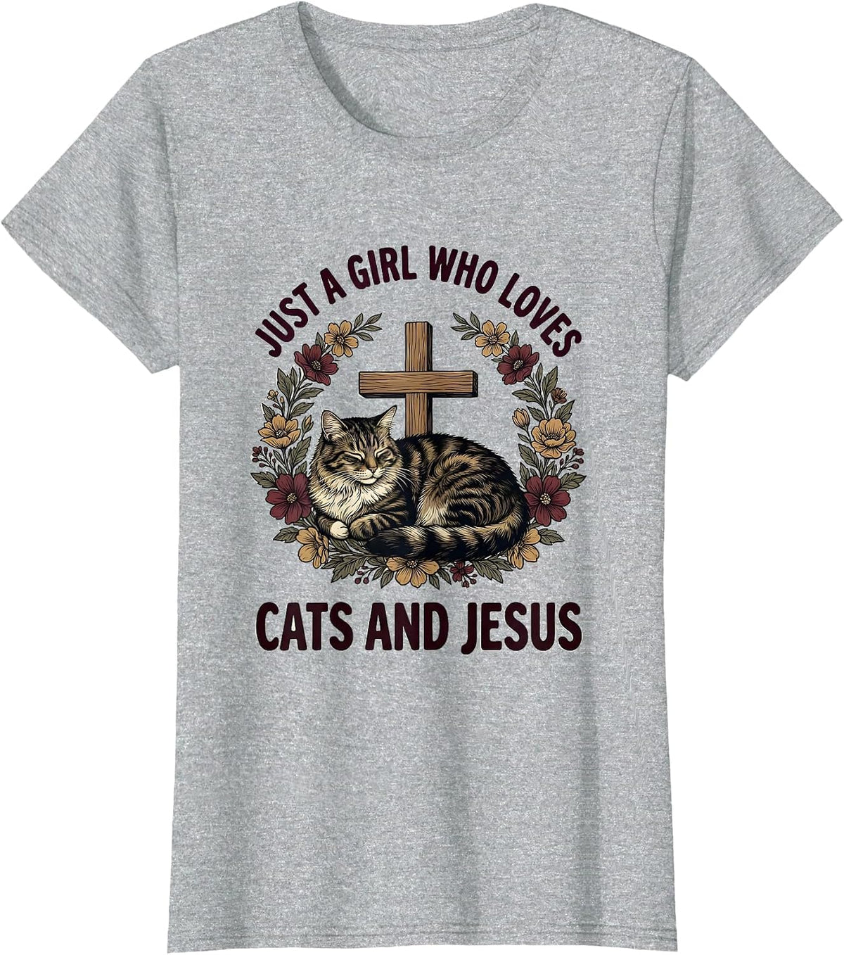 Women's Just A Girl Who Loves Cats And Jesus Cute Cat Lover Faith T-Shirt - Heather Grey