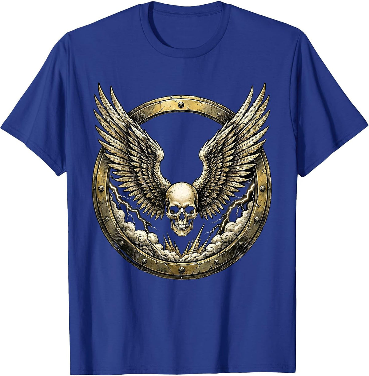 Winged Skull Storm Clouds Heavy Metal Graphic T-Shirt - Royal Blue