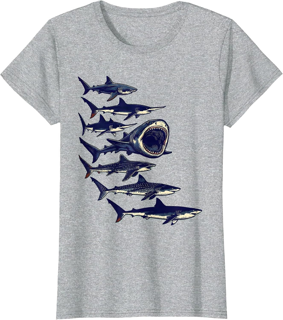 Women's Shark Species Linocut Marine Biology Ocean Lover Humor T-Shirt - Heather Grey
