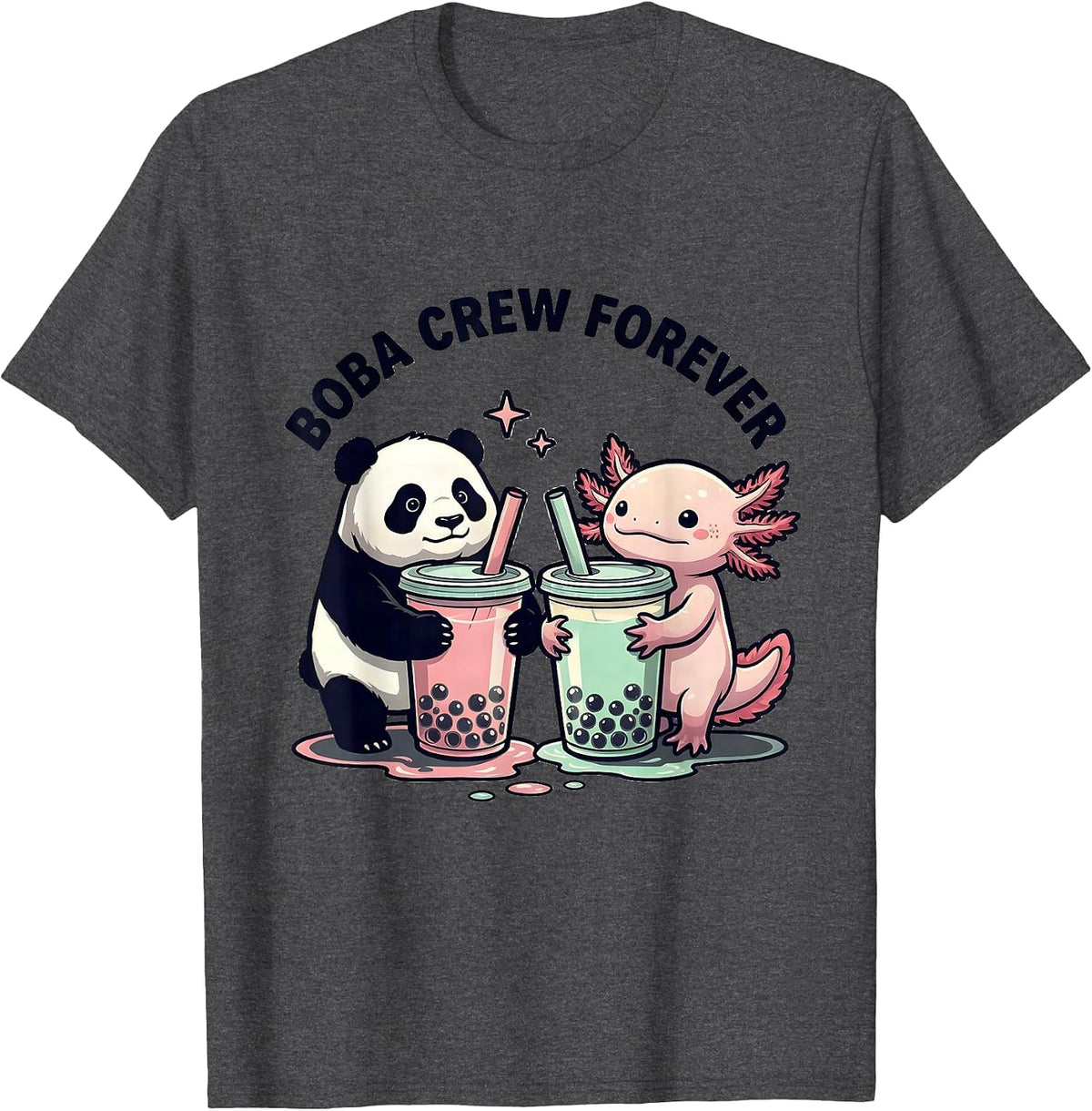 Boba Crew Forever Cute Kawaii Panda and Axolotl Boba Tea T-Shirt - Dark Heather Grey