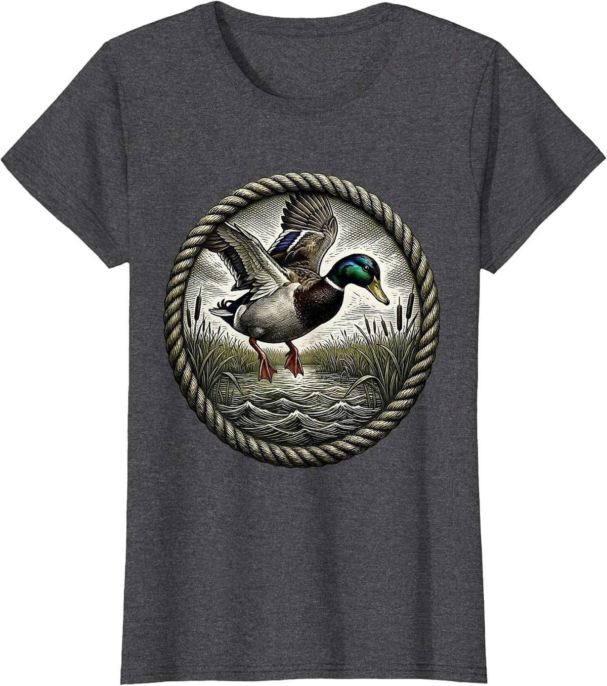 Women's Mallard Duck Descending Camo Hunting Design T-Shirt - Dark Heather Grey