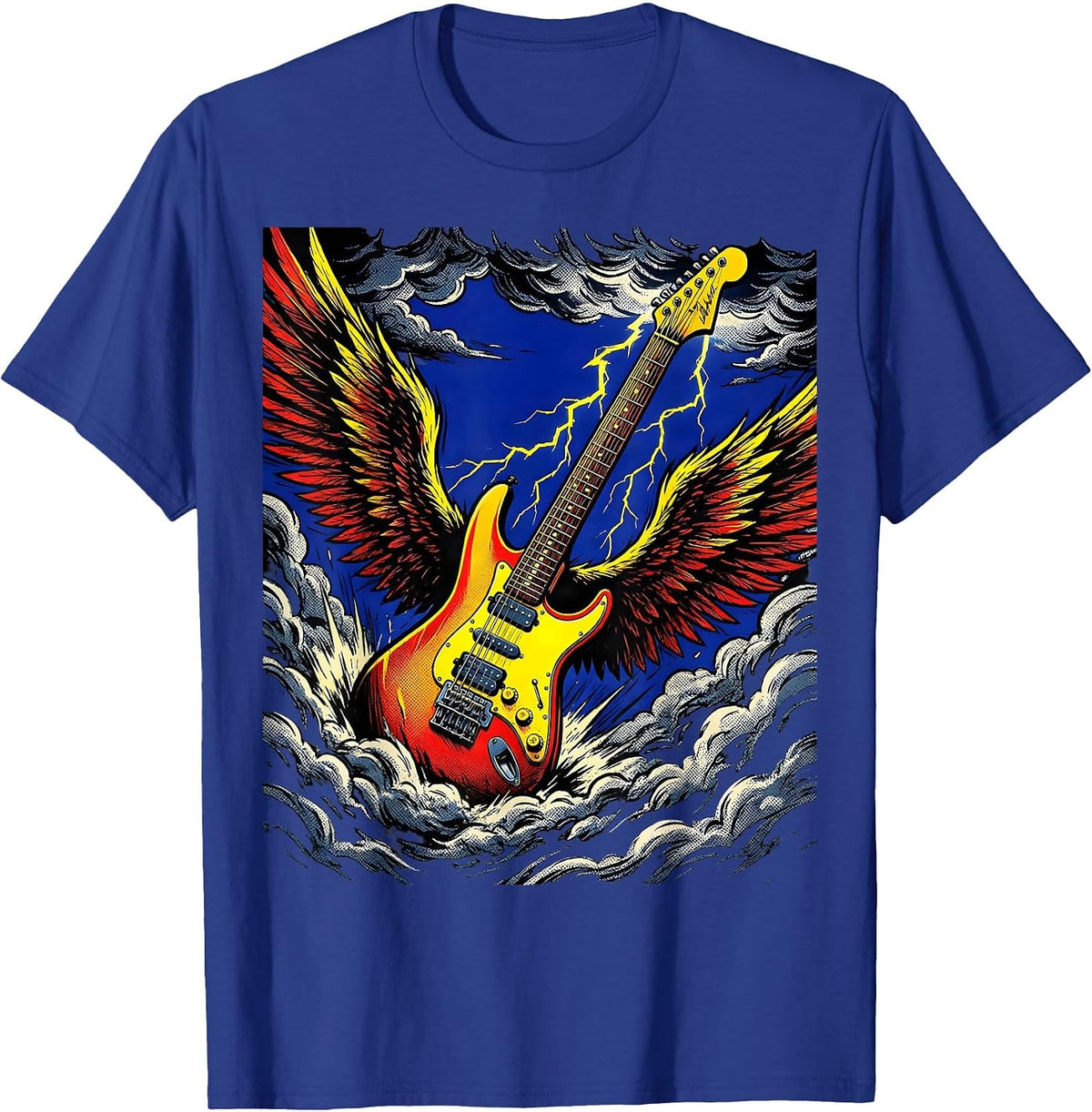 Winged Guitar Soaring Through Storm Clouds T-Shirt - Royal Blue