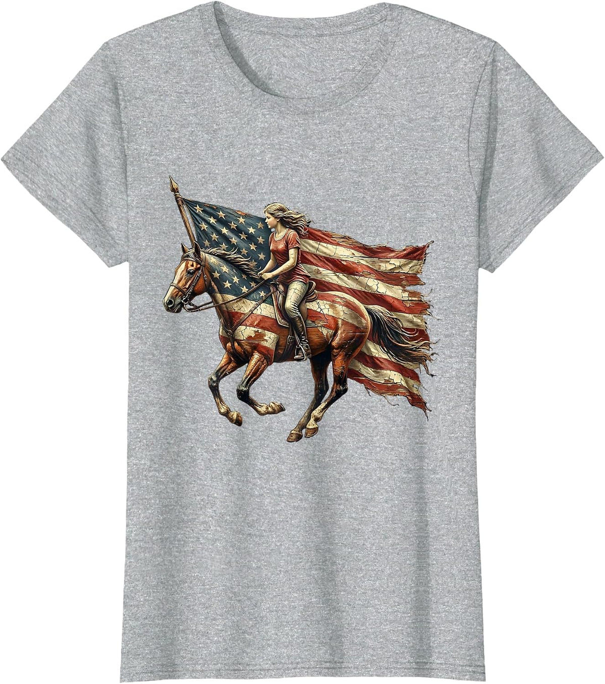 Patriotic Horseback Rider with Streaming Flag T-Shirt - Heather Grey