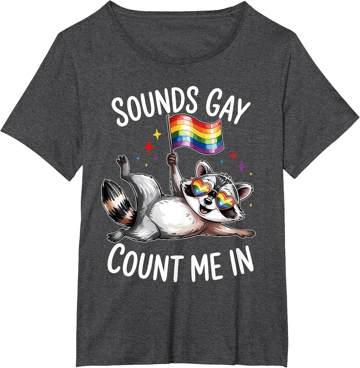 Funny LGBT Ally Raccoon Holding a Rainbow Flag LGBT Support T-Shirt - Dark Heather Grey