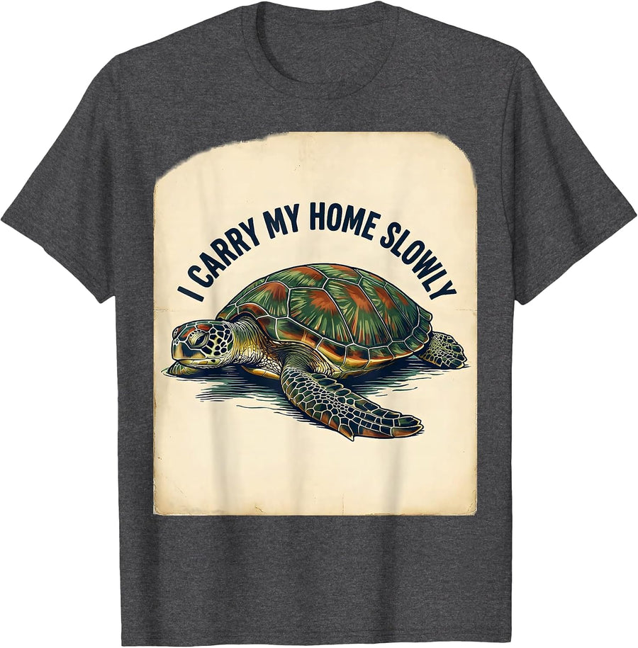 Men's I Carry My Home Slowly Vintage Sea Turtle Lover Beach Humor T-Shirt - Dark Heather Grey