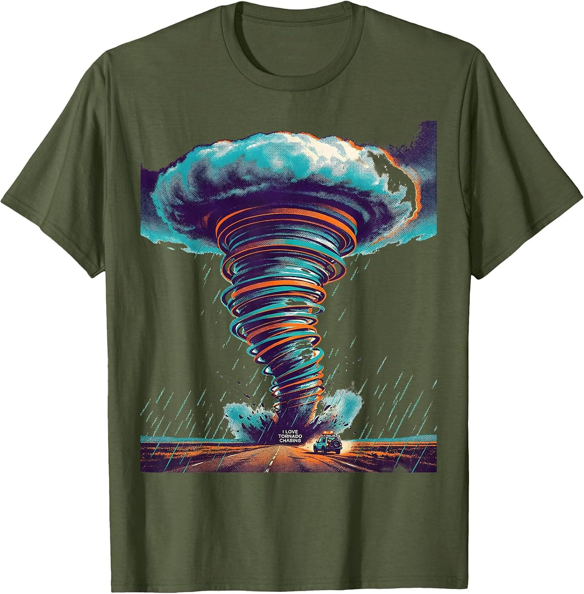 Men's I Love Tornado Chasing Risograph Storm Chaser Meteorology T-Shirt - Olive Green
