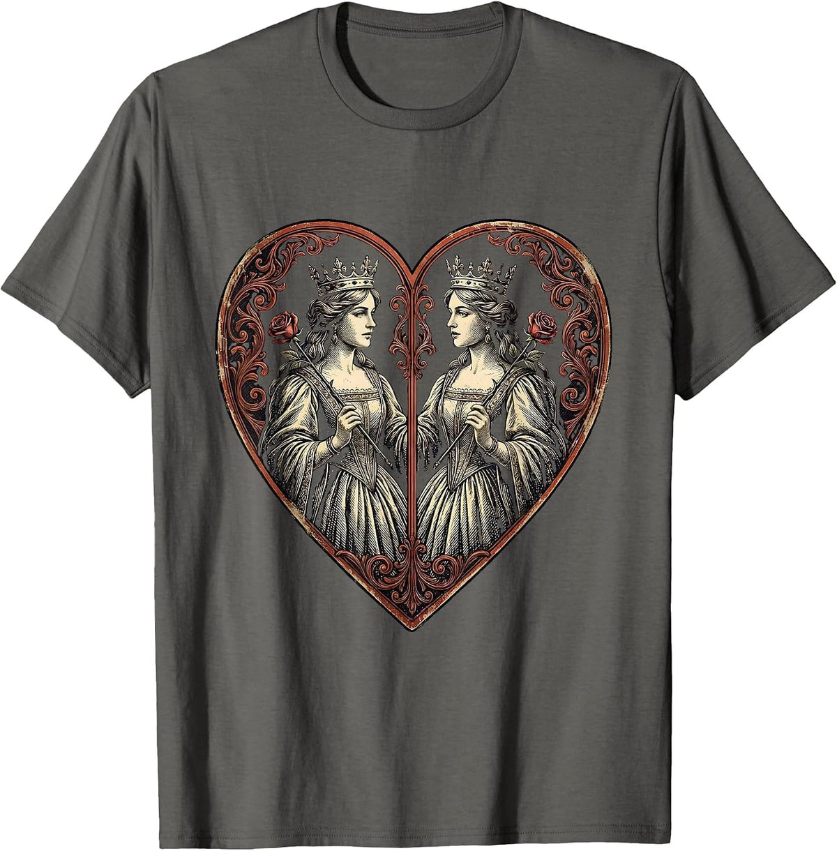Queen of Hearts Mirrored Playing Card Design T-Shirt - Asphalt Grey