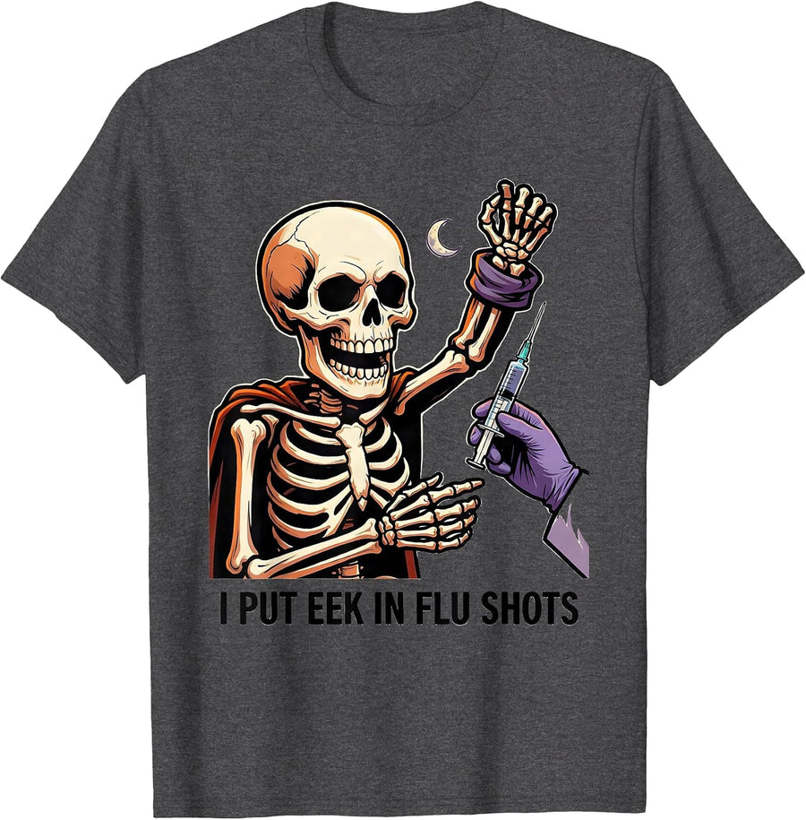 Men's I Put Eek In Flu Shots Funny Halloween Nurse Ghost Flu Shot T-Shirt - Dark Heather Grey