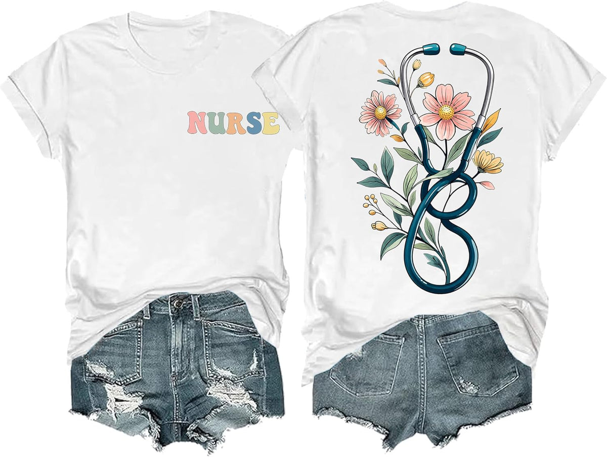 Nurse Shirts for Women Nurse Life T Shirt Funny Boho Floral Stethoscope Graphic Tshirt - White