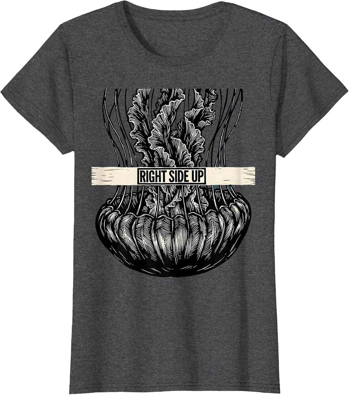 Women's Right Side Up Linocut Funny Shark Ocean Wildlife Humor T-Shirt - Dark Heather Grey