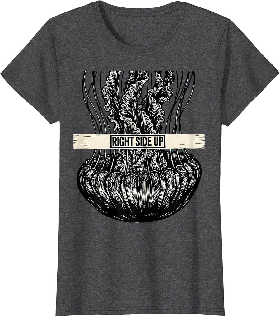 Women's Right Side Up Linocut Funny Shark Ocean Wildlife Humor T-Shirt - Dark Heather Grey