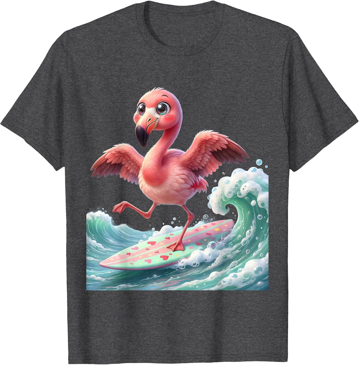 Men's Flamingo Surfboard Pastel Wave Rider Graphic T-Shirt - Dark Heather Grey