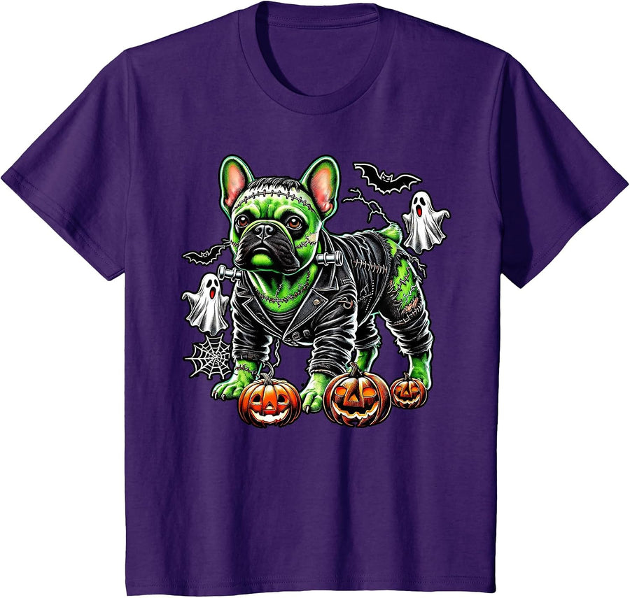 French Bulldog Frankenstein Halloween Spooky Frenchie Pup T-Shirt - Purple