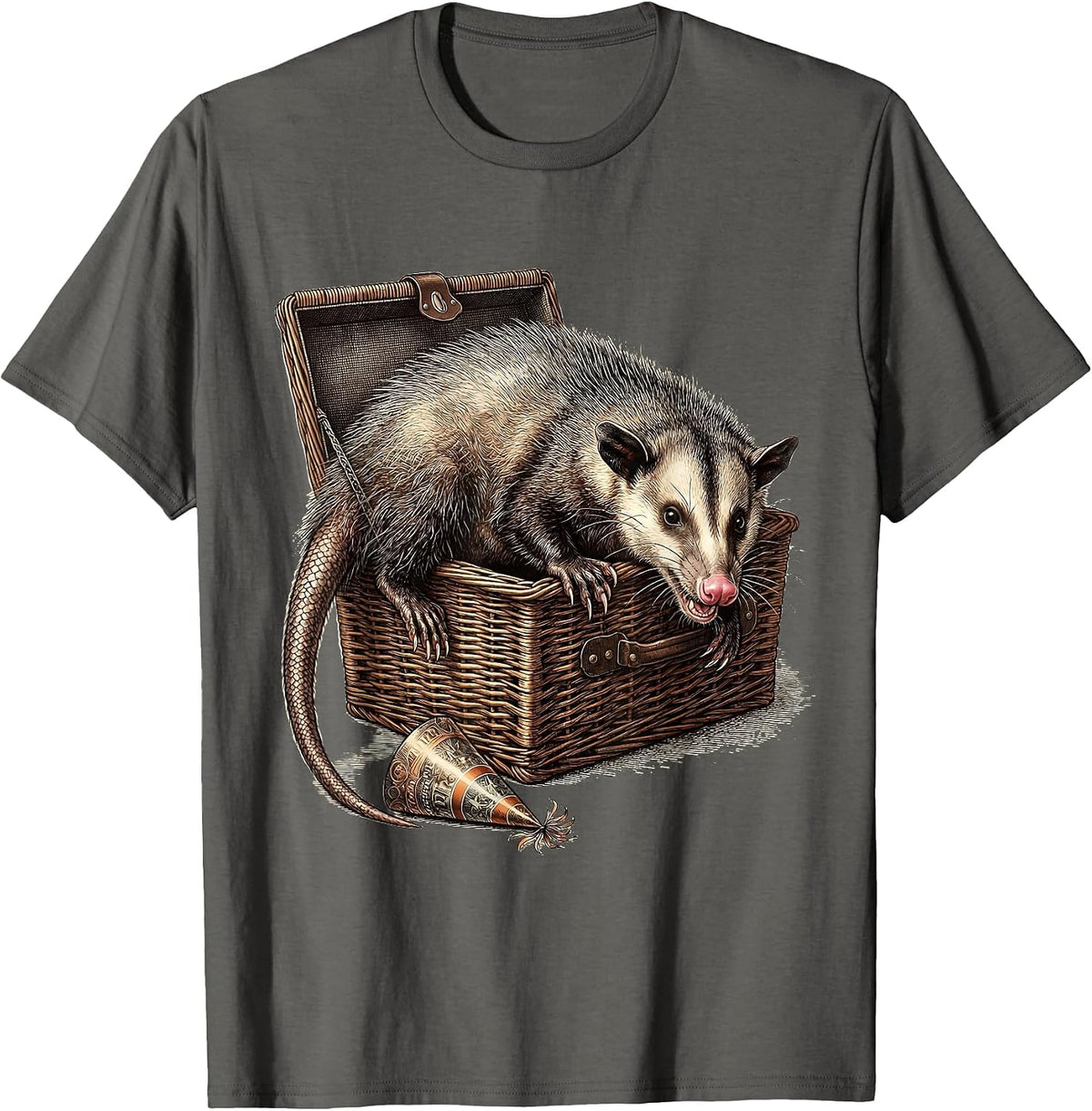 Opossum Picnic Basket Deadpan Animal Meme Humor T-Shirt - Asphalt Grey