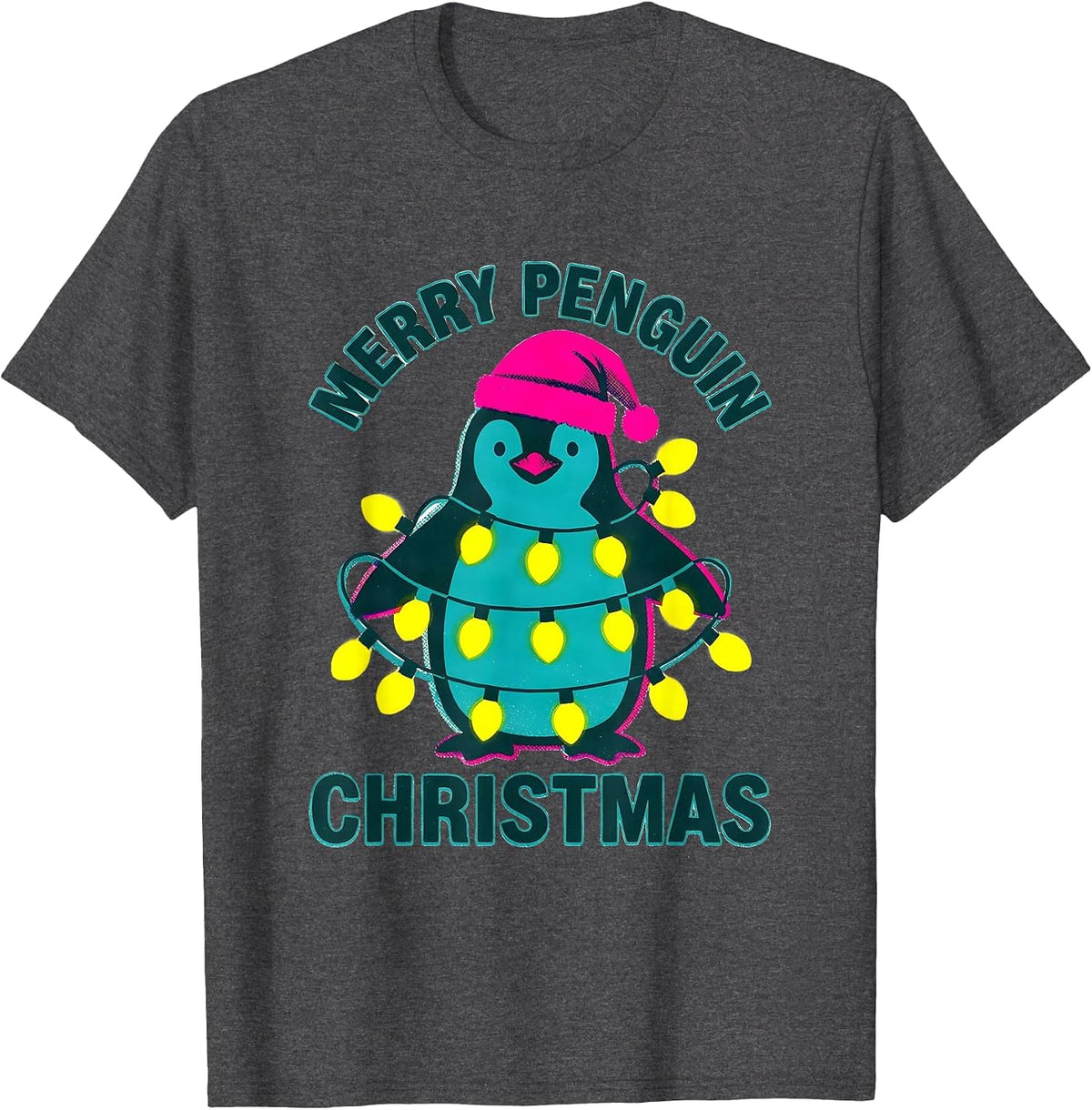Men's Merry Penguin Christmas Funny Animal Lover Ugly Sweater T-Shirt - Dark Heather Grey