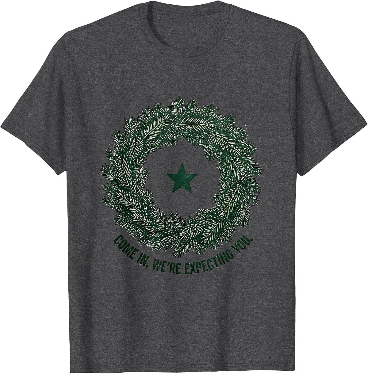 Men's Come In, We're Expecting You Rubber Stamp Family Christmas T-Shirt - Dark Heather Grey