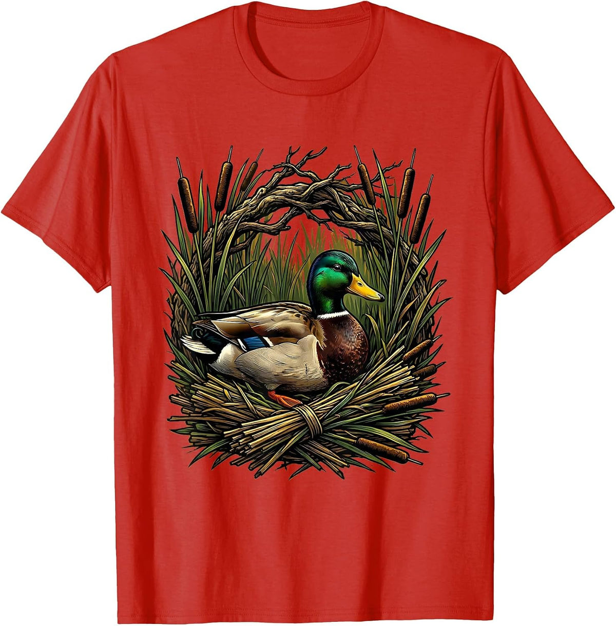 Men's Camo Duck Blind Cattails Hunting Illustration T-Shirt - Red