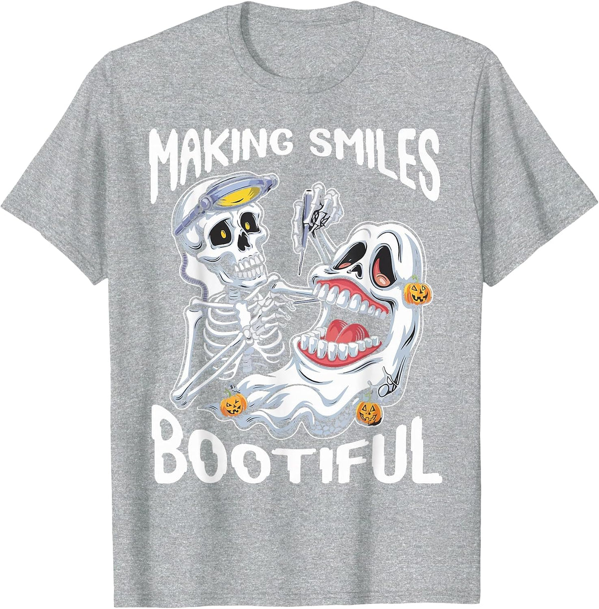 Making Smiles Bootiful Funny Ghost Dentist Halloween Dental T-Shirt - Heather Grey