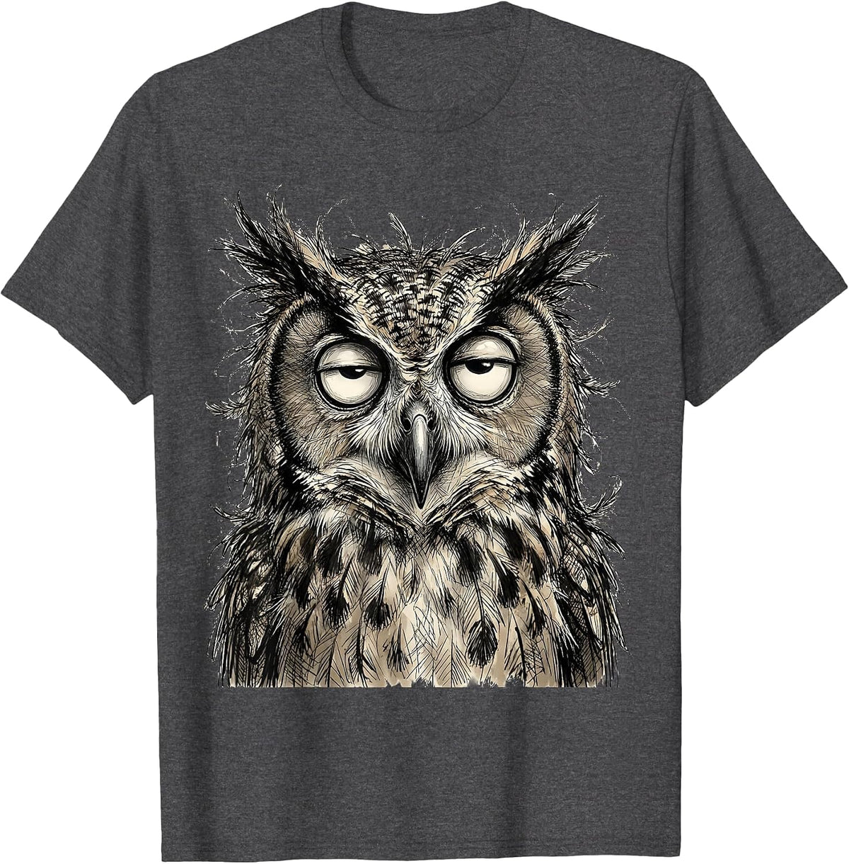 Wide-Eyed Owl Ruffled Feathers Graphic Design T-Shirt - Dark Heather Grey