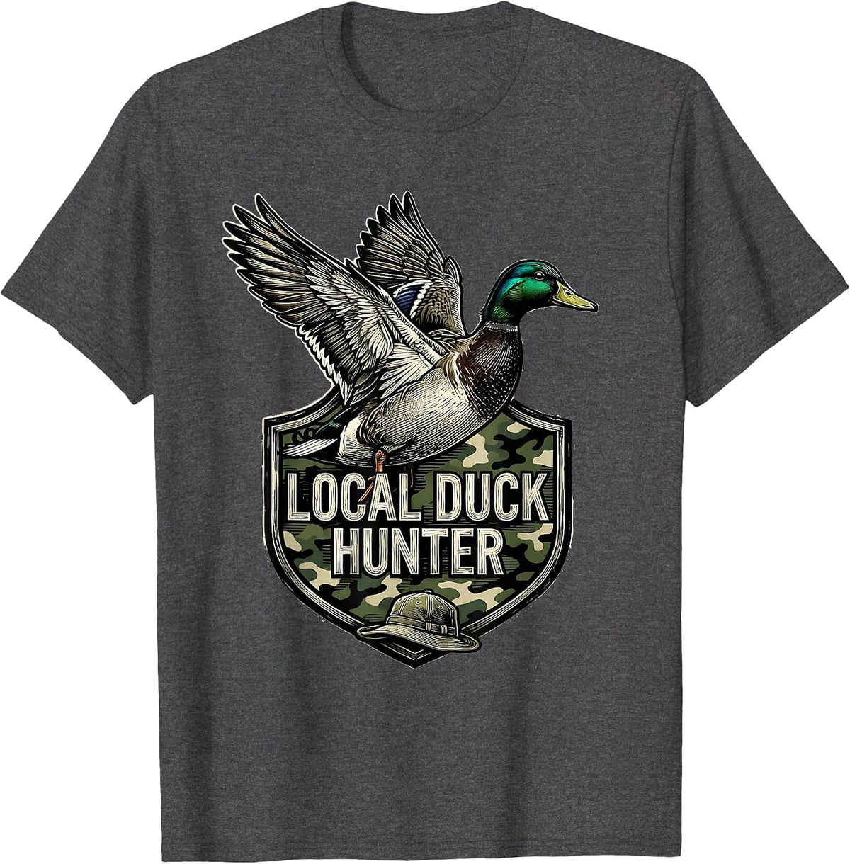 Local Duck Hunter Woodcut Engraving Youth Camo Hunting Boy T-Shirt - Dark Heather Grey