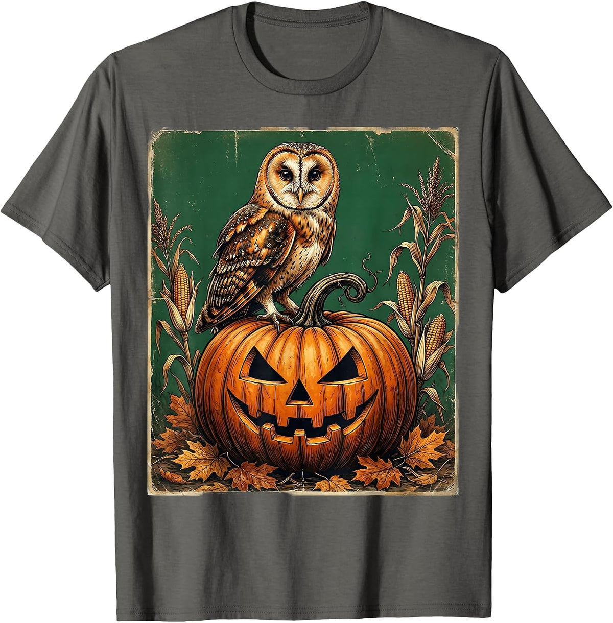 Men's Owl on Glowing Pumpkin Halloween Illustration T-Shirt - Asphalt Grey