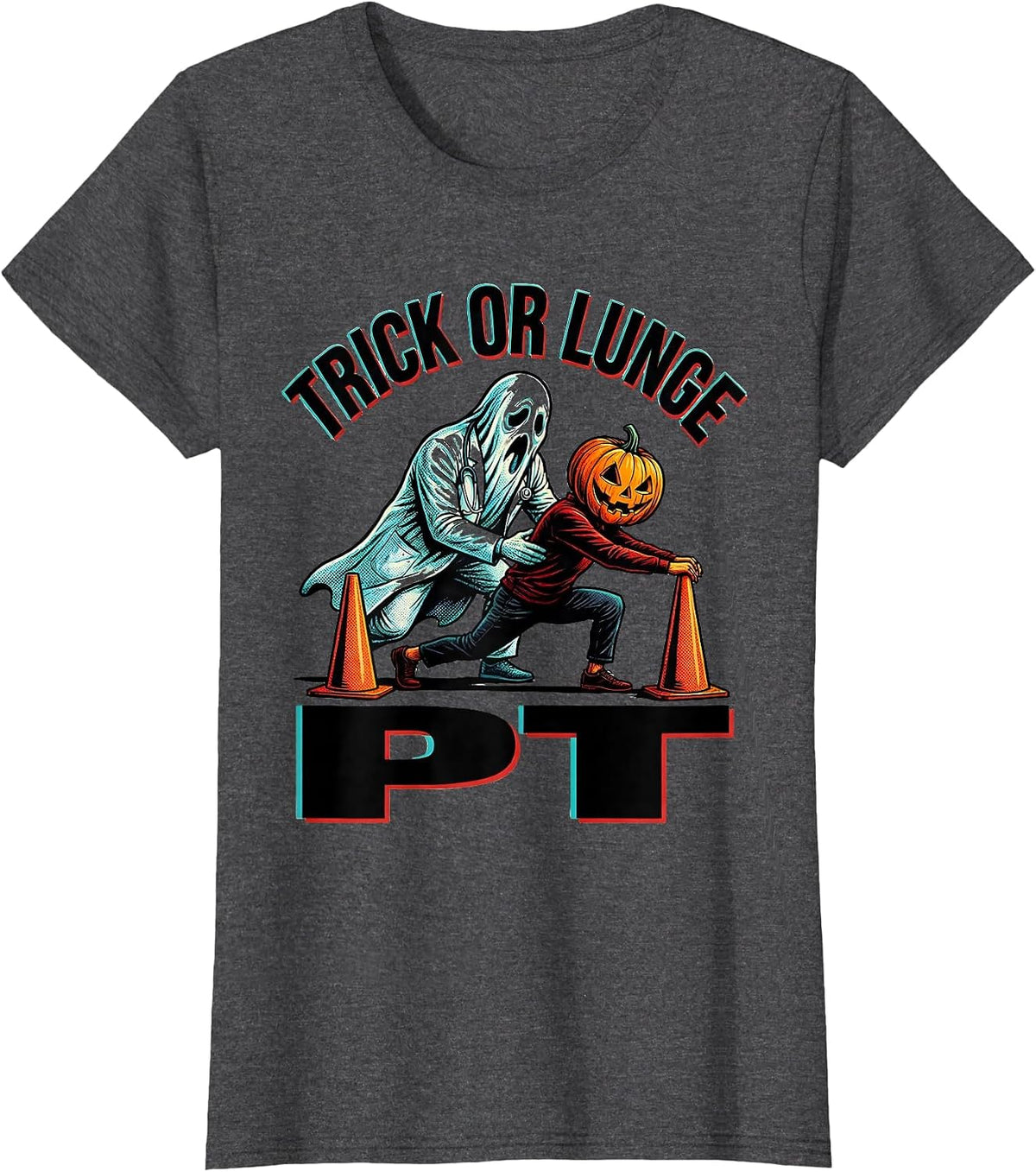 Women's Trick Or Lunge PT Pop Art Physical Therapy Halloween Humor T-Shirt - Dark Heather Grey