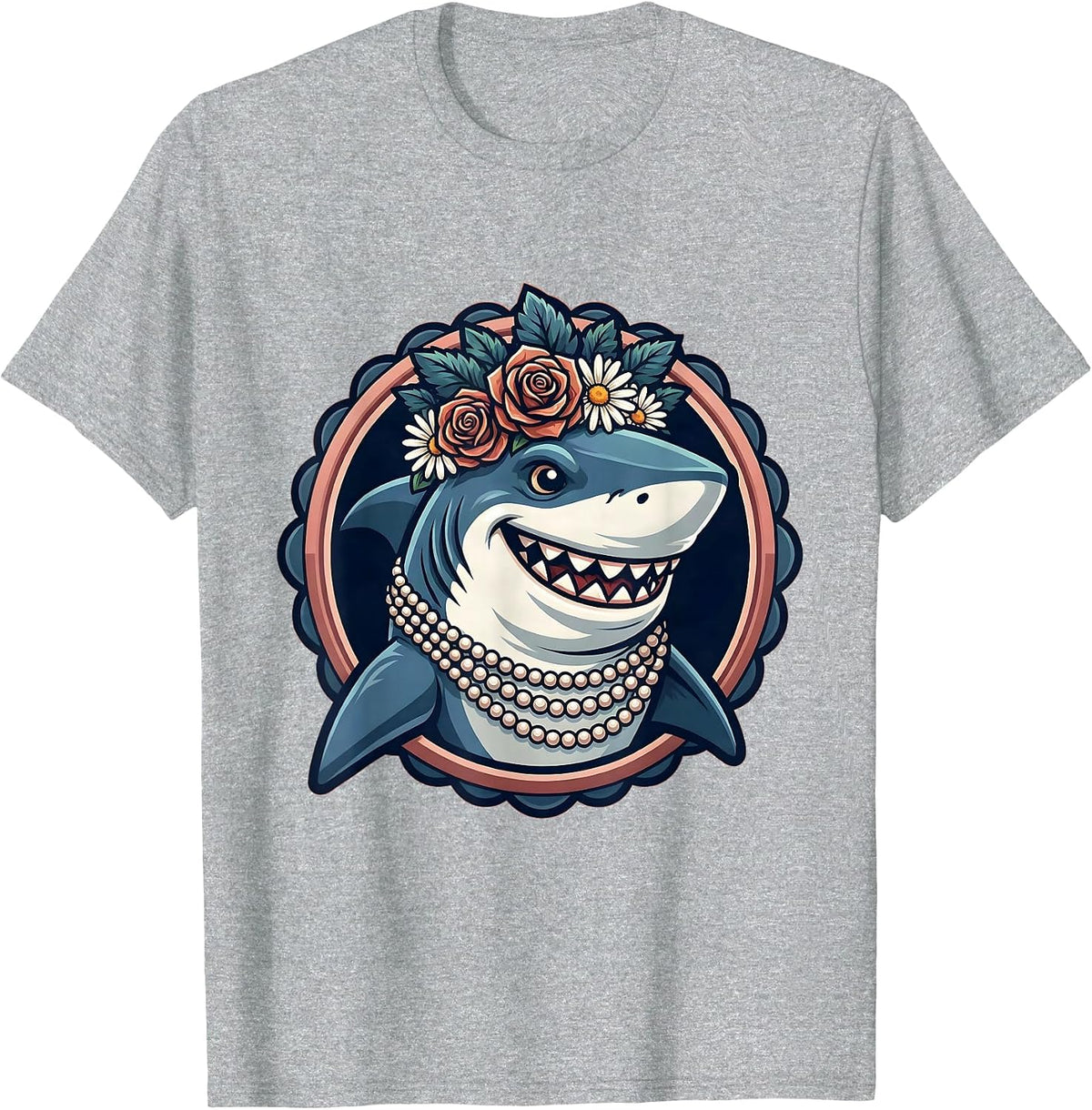 Men's Mommy Shark Floral Crown and Pearl Necklace T-Shirt - Heather Grey