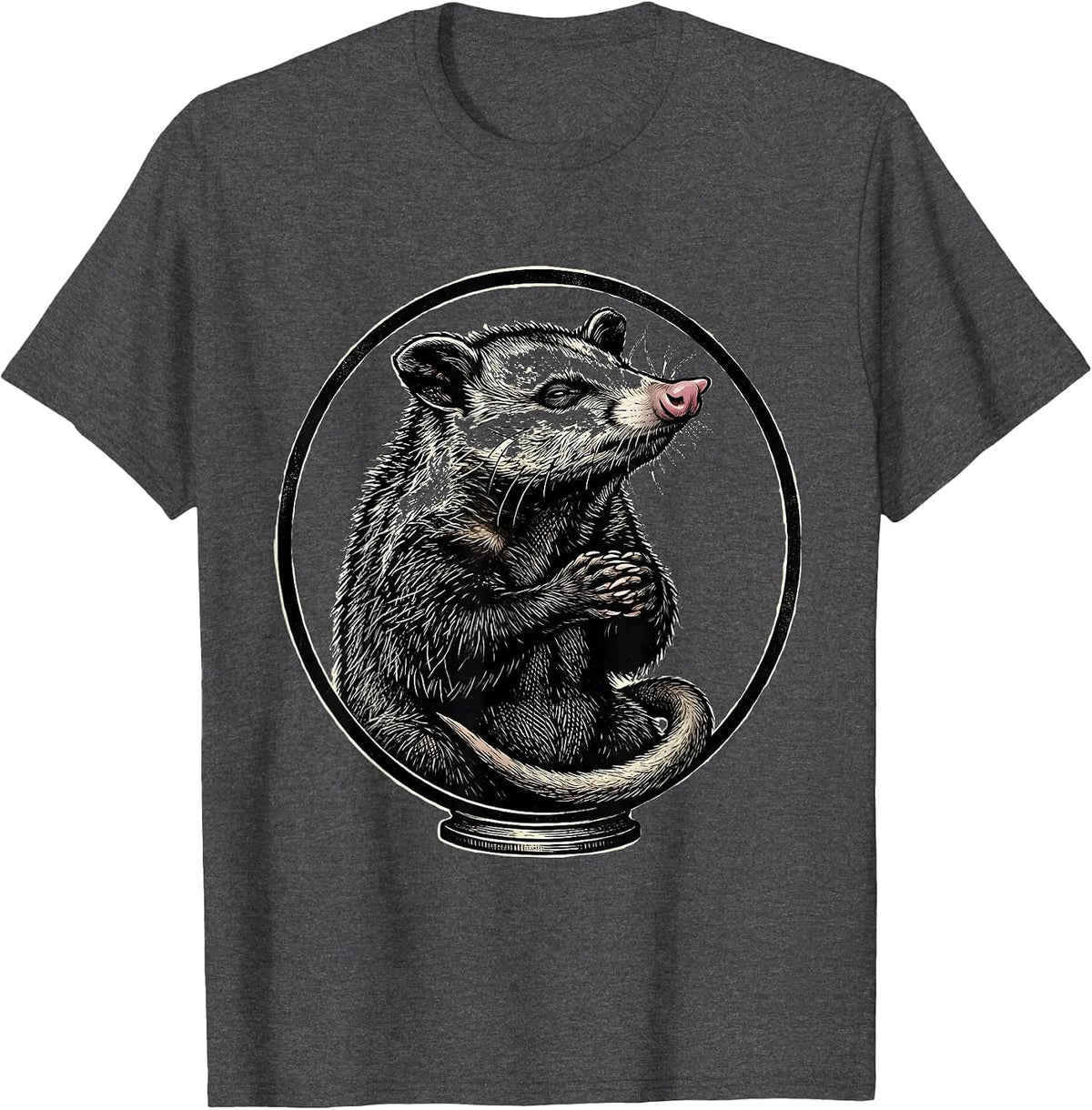 Men's Ceremonial Opossum Woodcut Engraving Animal Meme Humor T-Shirt - Dark Heather Grey