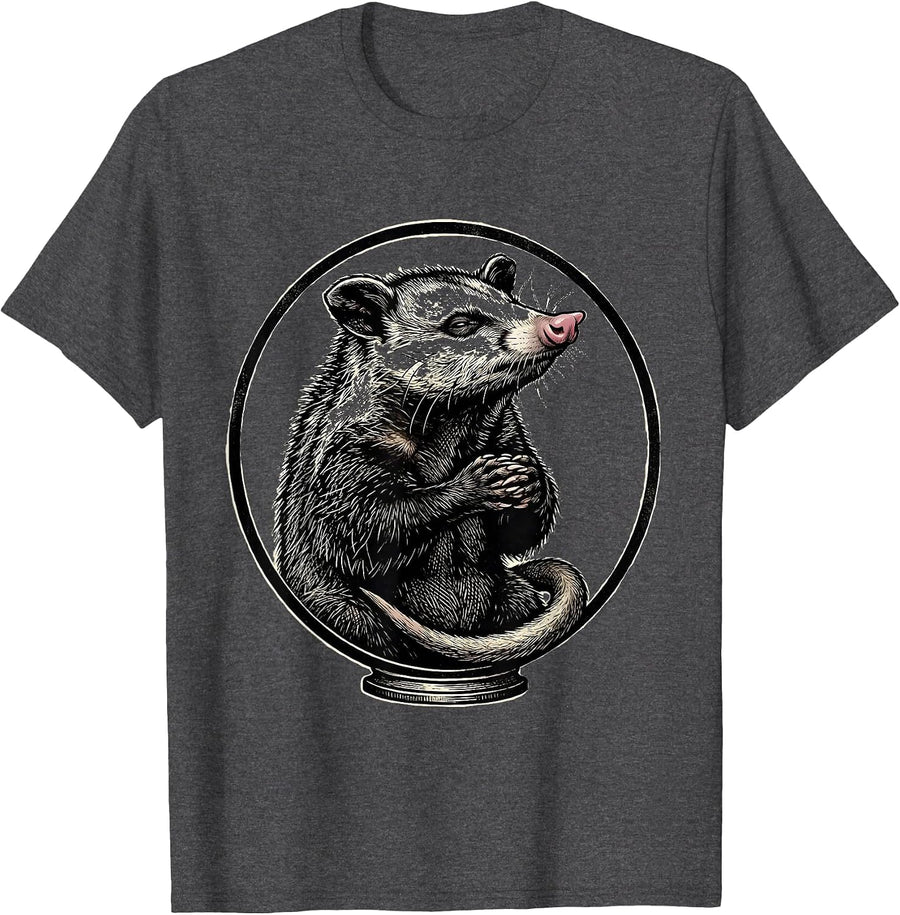 Men's Ceremonial Opossum Woodcut Engraving Animal Meme Humor T-Shirt - Dark Heather Grey