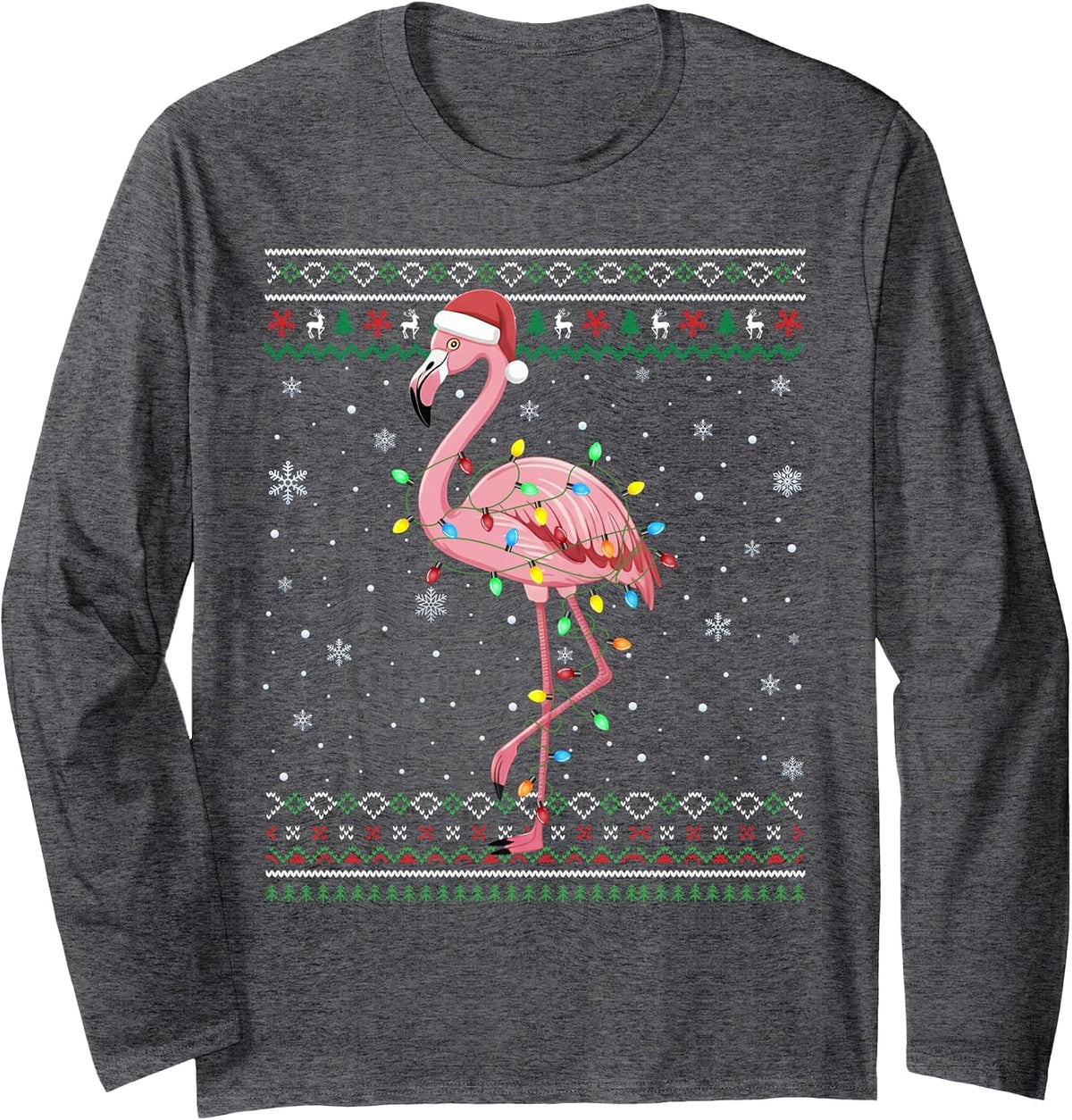 Flamingo Bird Lover Funny Xmas Santa Ugly Christmas Lights Long Sleeve T-Shirt - Adult Unisex Dark Heather Grey