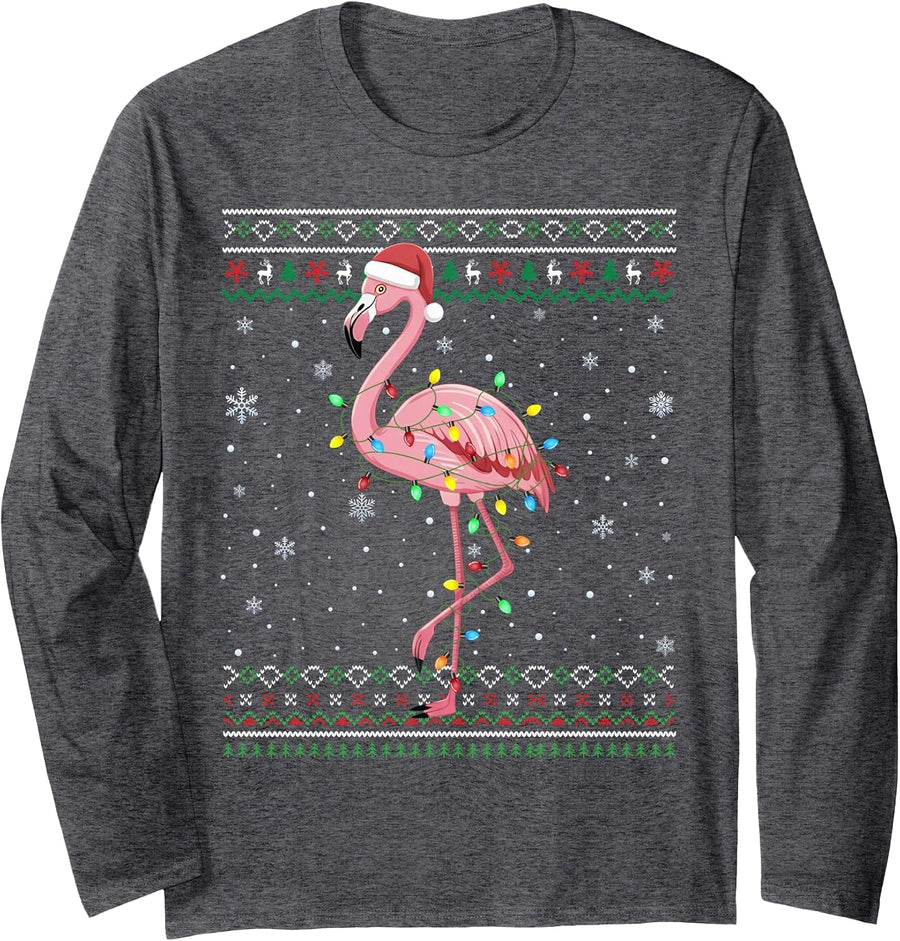 Flamingo Bird Lover Funny Xmas Santa Ugly Christmas Lights Long Sleeve T-Shirt - Adult Unisex Dark Heather Grey