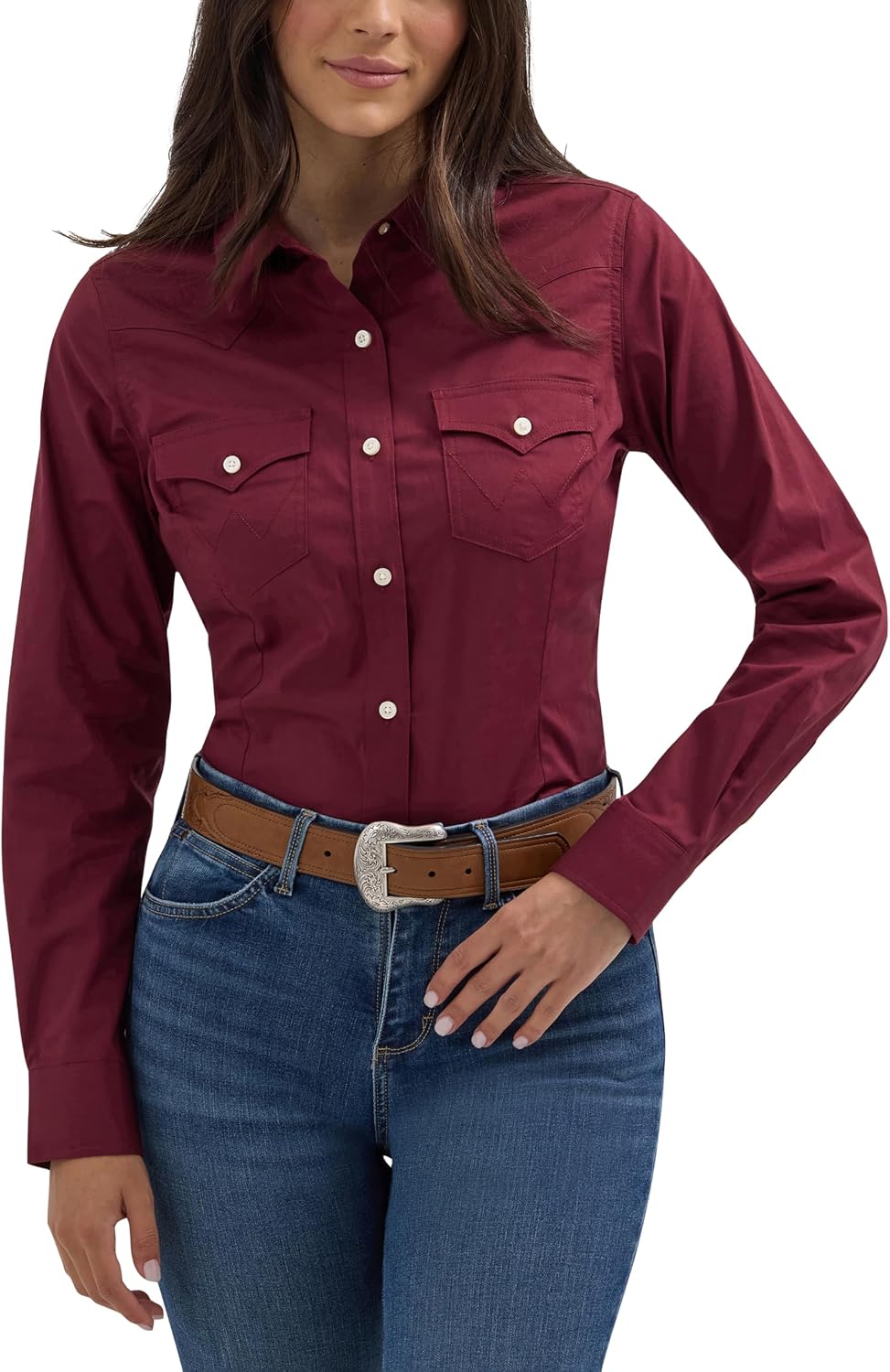 Wrangler Women's Retro Long Sleeve Cool Blue Solid Western Shirt - Wine