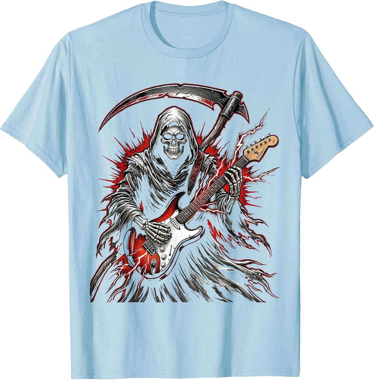 Men's Grim Reaper Electric Guitar Rock Halloween Design T-Shirt - Baby Blue