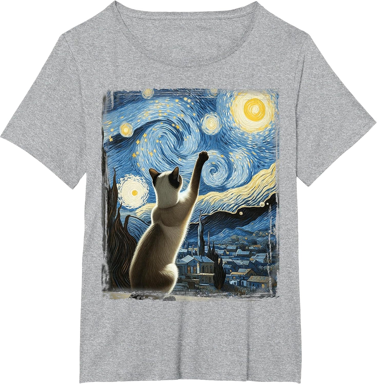 Van Gogh Starry Night Style Artistic Siamese Cat T-Shirt - Heather Grey