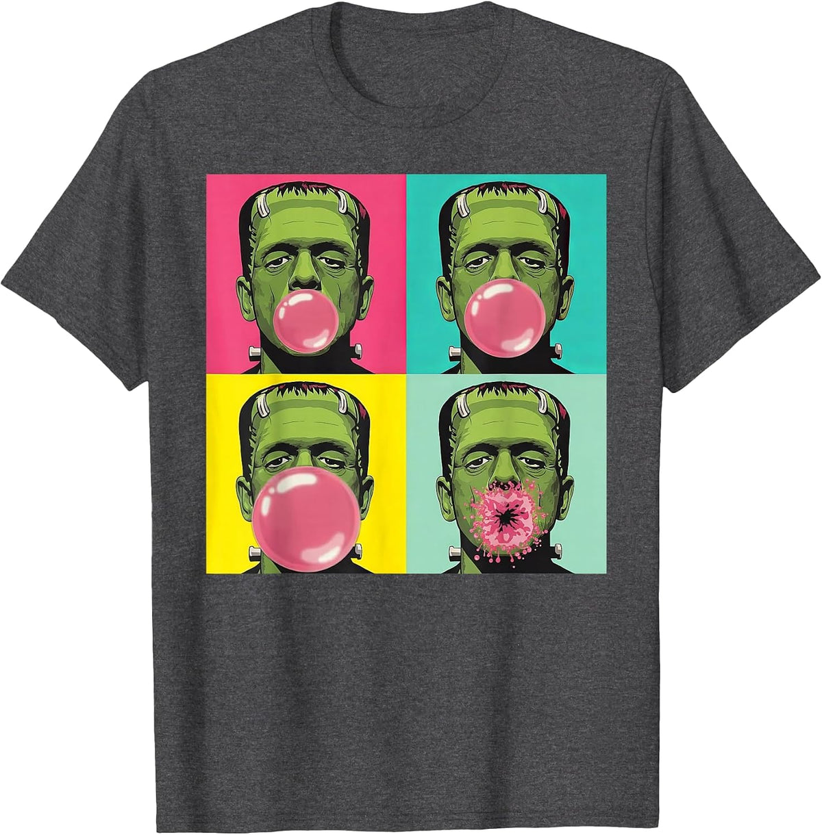 Frankenstein Monster Bubble Gum Funny Pop Art Halloween T-Shirt - Dark Heather Grey
